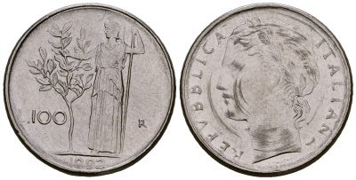Италия 100 лир 1992 KM 96.2 нержавеющая сталь 4173-667