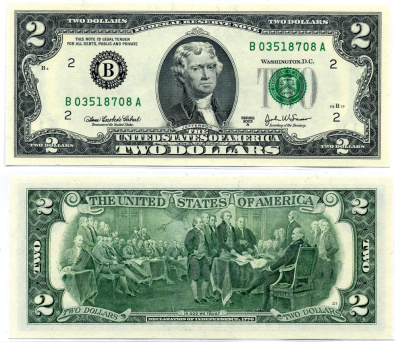 США 2 доллара 2003 А, буква "В", НЬЮ ЙОРК, ШТАТ НЬЮ-ЙОРК Pick 516b бумага UNC (пресс) 7220-69-1-2