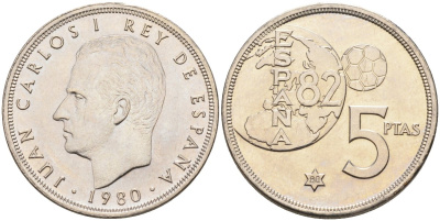 Испания 5 песет 1980(80) чемпионат мира по футболу в Испании 1982, Хуан Карлос I KM 817 медно-никель UNC 4583-1215