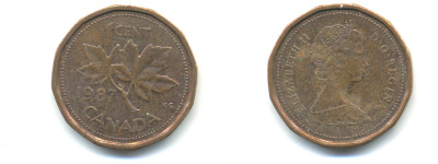 Канада 1 цент 1987 Елизавета II (1952-2022), кленовый лист KM 132 бронза 177-1419