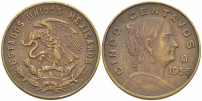 Мексика 5 сентаво 1956 Жозефа Ортис де Домингес KM 426 латунь 60-1334