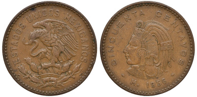Мексика 50 сентаво 1956 Мо, Куаутемок, последний правитель империи ацтеков KM 450 бронза 4567-1034