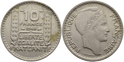 Франция 10 франков 1948 тип Пьер Турин KM 909.1, Le Franc 362.3 медно-никель 4389-1123