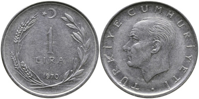 Турция 1 лира 1970 Мустафа Кемаль Ататюрк KM 889а.2 нержавеющая сталь 4538-1217
