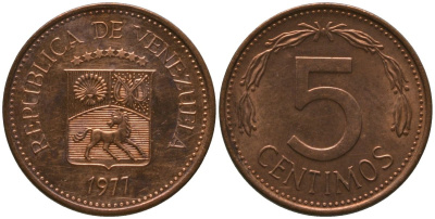 Венесуэла 5 сентимо 1977 KM 49 сталь плакированная бронзой 4576-654