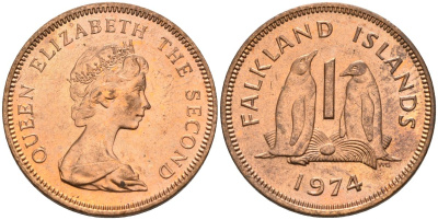 Фолклендские острова 1 пенни 1974 Елизавета II (1952-2022), папуанский пингвин KM 2 бронза 4152-1261