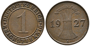 ГЕРМАНИЯ 1 РЕЙХСПФЕННИГ 1927 A KM 37, J. 313 бронза 39-948
