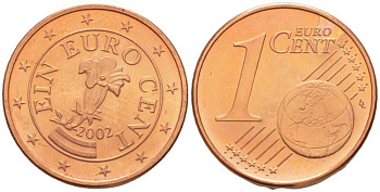 Австрия 1 евроцент 2002 KM 3082 сталь плакированная медью UNC 39-167