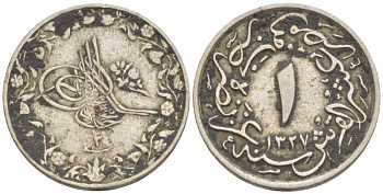 ЕГИПЕТ 1/10 ГИРША 1910 АН1327, ГОД 2, Н, ABDUL HAMID II (1876-1909) KM 302 медно-никель 4516-1119