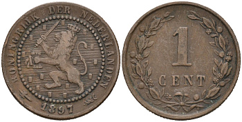Нидерланды 1 цент 1897 Вильгельмина (1890-1948) KM 107 бронза 4576-625