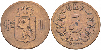 НОРВЕГИЯ 5 ЭРЕ 1876 KM 349 бронза 3457-947