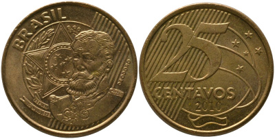 Бразилия 25 сентаво 2011 KM 650, Schon 158 сталь плакированная бронзой UNC 4525-536