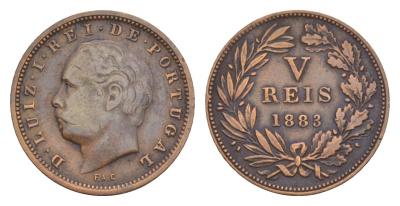 Португалия 5 реалов (рейсов) 1883 Луиш I (1861-1889) KM 525 бронза 4658-1258