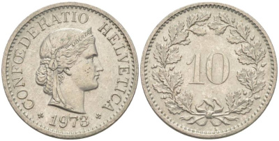 Швейцария 10 раппенов 1973 KM 27 медно-никель 55-441