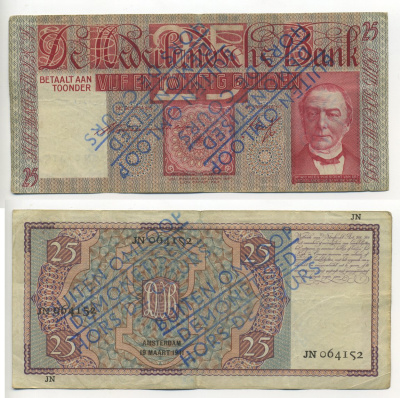 Нидерланды 25 гульден 1941 надпечатка BUITEN OMLOOP DEMONETISED HORS DE COURS, выведенна из обращения   бумага  6294-1-3-1