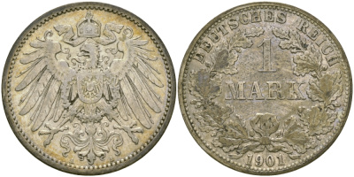 Германия 1 марка 1901 A Weege 18, J. 17, KM 14 серебро aUNC 65-153