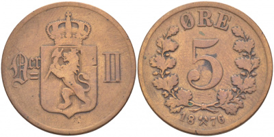 НОРВЕГИЯ 5 ЭРЕ 1876 KM 349 бронза 3457-947