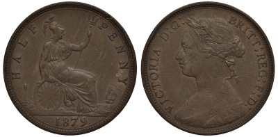 Великобритания 1/2 пенни 1879 Виктория (1837-1901) КМ 754, Spink 3956 бронза 1523-842