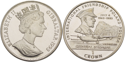 Гибралтар 1 крона 1993 серия международная дружба, генерал Сикорский, 4 Июля 1943 KM 188 медно-никель BUNC 1084-8-61