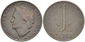 НИДЕРЛАНДЫ 1 ЦЕНТ 1948 ВИЛЬГЕЛЬМИНА (1890-1948) KM 107 бронза 214-1011