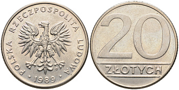ПОЛЬША 20 ЗЛОТЫХ 1989 MW KM 153.2 медно-никель 4566-411