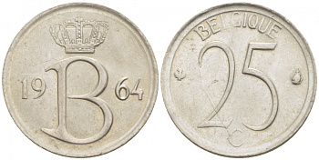 Бельгия 25 сантимов 1964 Belgique, Бодуэн I (1951-1993) KM 153.1 медно-никель 4528-136