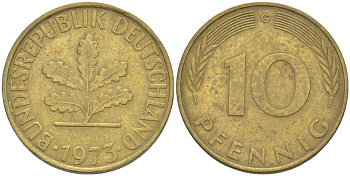 ФРГ 10 ПФЕННИГОВ 1973 G KM 108, J. 383 сталь плакированная латунью 4182-834