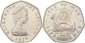 Остров Мэн 50 пенсов 1979 День Тинвальда, 5 июля, гладкий гурт KM 53 медно-никель aUNC 4619-142
