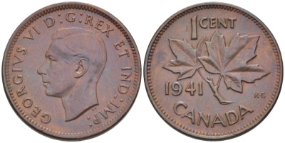Канада 1 цент 1941 Георг VI (1937-1952), кленовый лист KM 32 бронза 31-1226