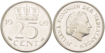 Нидерланды 25 центов 1969 Юлиана (1948-1980) KM 183 никель 3955-156