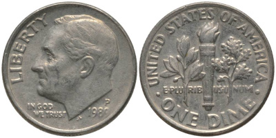 США 10 ЦЕНТОВ = 1 ДАЙМ 1989 P, РУЗВЕЛЬТ KM 195а медь плакированная медно-никелем 4396-455