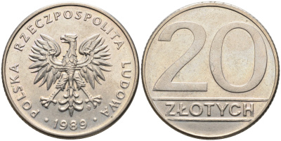 ПОЛЬША 20 ЗЛОТЫХ 1989 MW KM 153.2 медно-никель 4566-411