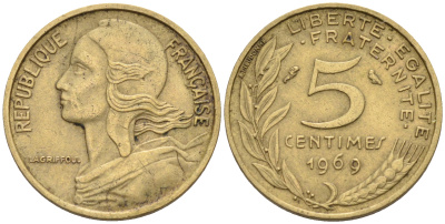 Франция 5 сантимов 1969 тип Марианна KM 933 никель алюминий медь    4594-1126