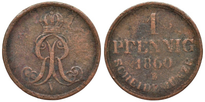 Ганновер 1 пфенниг 1860 B, Георг V KM 233, AKS 156, J. 90 медь 4594-266
