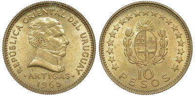 Уругвай 10 песо 1965 KM 48 алюминиевая бронза 4572-716