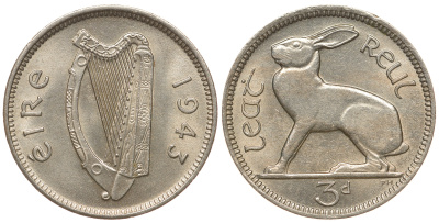 Ирландия 3 пенса 1943 заяц KM 12a медно-никель UNC 1525-842