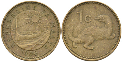 Мальта 1 цент 1986 ласка, горностай KM 78 никель латунь 4585-1128