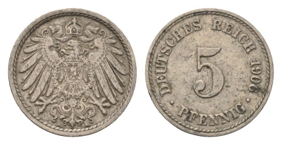 Германия 5 пфеннигов 1906 A KM 11, J. 12 медно-никель 4696-637