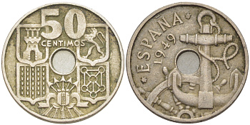 ИСПАНИЯ 50 СЕНТИМО 1949 (52) ФРАНСИСКО ФРАНКО ДИКТАТОР ИСПАНИИ ( 1939- 1975) , МОРСКАЯ АТРИБУТИКА KM 777 медно-никель 216-524