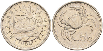 Мальта 5 центов 1986 краб KM 77 медно-никель 3309-358