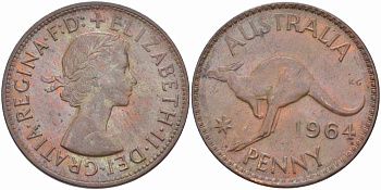 АВСТРАЛИЯ 1 ПЕННИ 1964 m, ЕЛИЗАВЕТА II (1953-), КЕНГУРУ KM 56 бронза 109-525