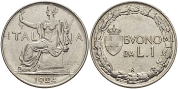 ИТАЛИЯ 1 ЛИРА 1924 R, ВИКТОР ИМАНУИЛ III, РУБЧАТЫЙ ГУРТ KM 62 никель 82-1141