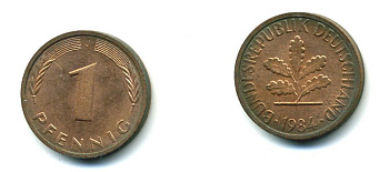 ФРГ 1 ПФЕННИГ 1984 J KM 105, J.380 сталь плакированная медью 46-2027