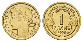 Франция 1 франк 1938 KM 885, Le Franc 219.2 алюминиевая бронза 3856-336