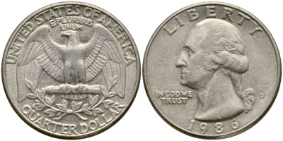 США 25 ЦЕНТОВ = КВОТЕР 1986 D, ВАШИНГТОН KM А164а медь плакированная медно-никелем 4388-243