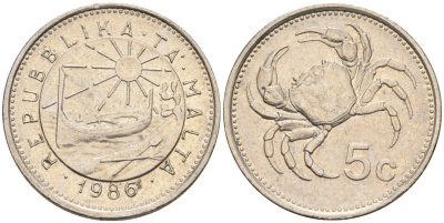Мальта 5 центов 1986 краб KM 77 медно-никель 3309-358