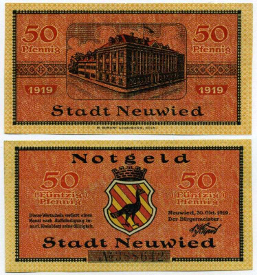 НОЙВИД, ГЕРМАНИЯ 50 ПФЕННИГОВ 1919 20 ОКТЯБРЯ 1919, НОТГЕЛЬД, ЗЕМЛЯ РЕЙЛАНД-ПФАЛЬЦ, ШЕСТИЗНАЧНЫЙ НОМЕР Grabowski 43.4 бумага UNC (ПРЕСС) 8613-29-3-2