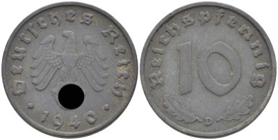 ГЕРМАНИЯ 10 РЕЙХСПФЕННИГОВ 1940 D KM 101, J. 371 цинк 4401-835
