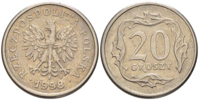 Польша 20 грошей 1998 MW KM 280, Parchimowicz 705f медно-никель 201-514