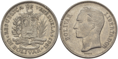 Венесуэла 1 боливар 1967 Симон Боливар KM 42 никель 31-522